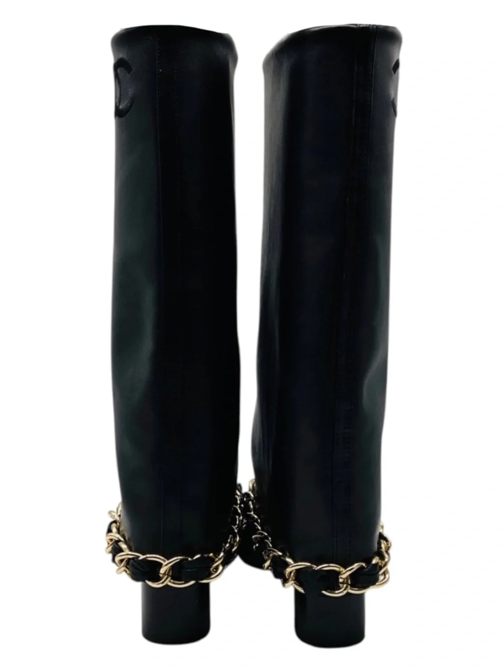 CHANEL BLACK CC LOGO EMBROIDERED TALL LEATHER BOOTS WITH GROSGRAIN CAP TOE AND G